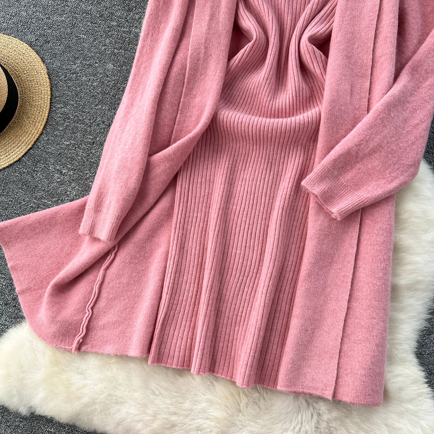 Knitted Two-Piece Sets  Knitting Cardigan+Spaghetti Strap Bodycon Dress