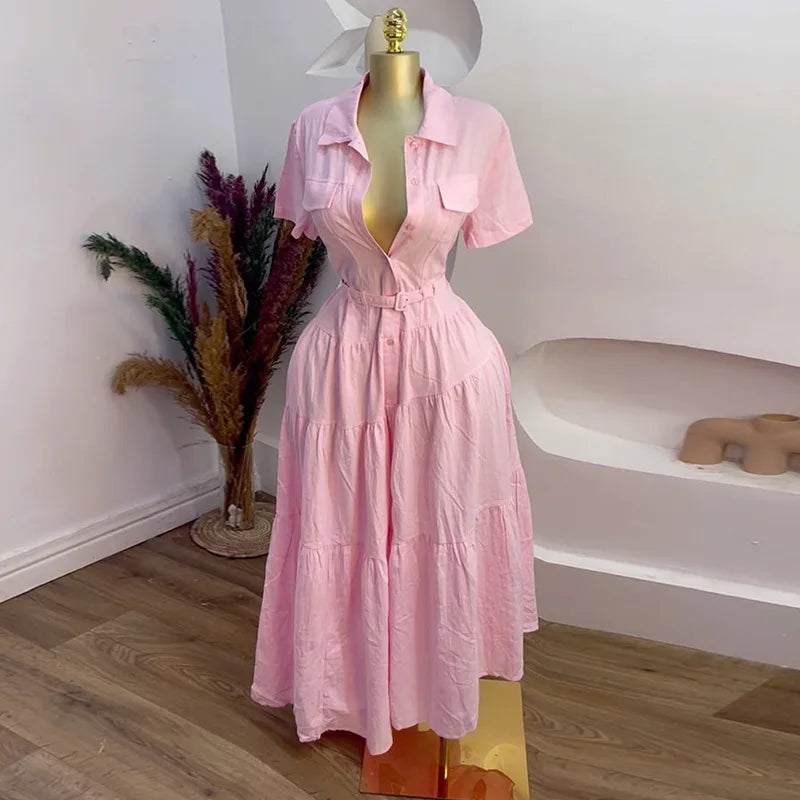 Short Sleeve Single Breasted Belt Long Maxi Dress