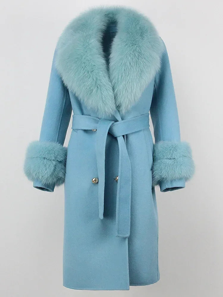 Real Fur Natural Wool Blends Cashmere Double Breasted Belt Warm Coat