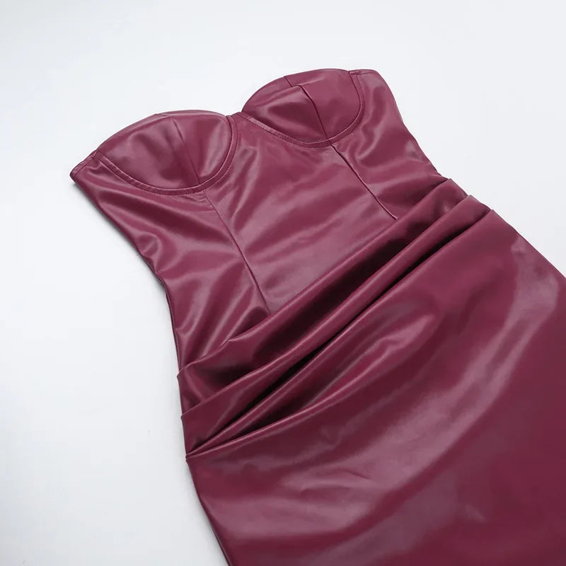 Off Shoulder Strapless PU Leather Maxi Dress