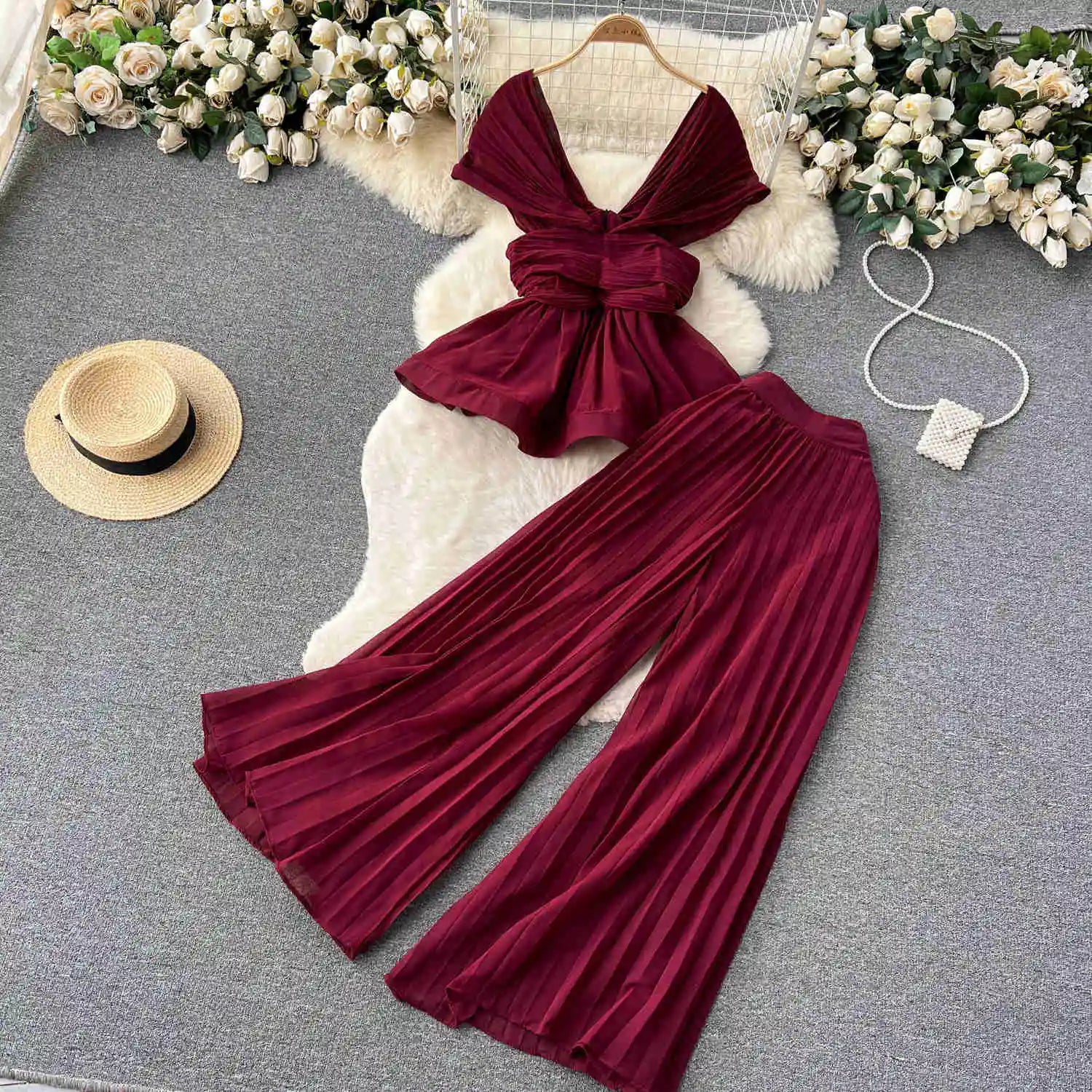 High End Elegant Pleated Sleeveless Chiffon Top+High Waist Wide Leg Pants Two Piece Set