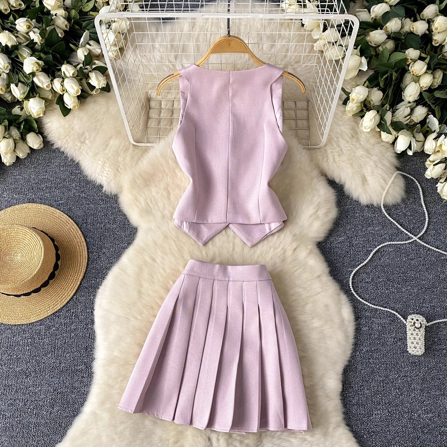 French Camisole+ Pleated Skirt Two Piece Set