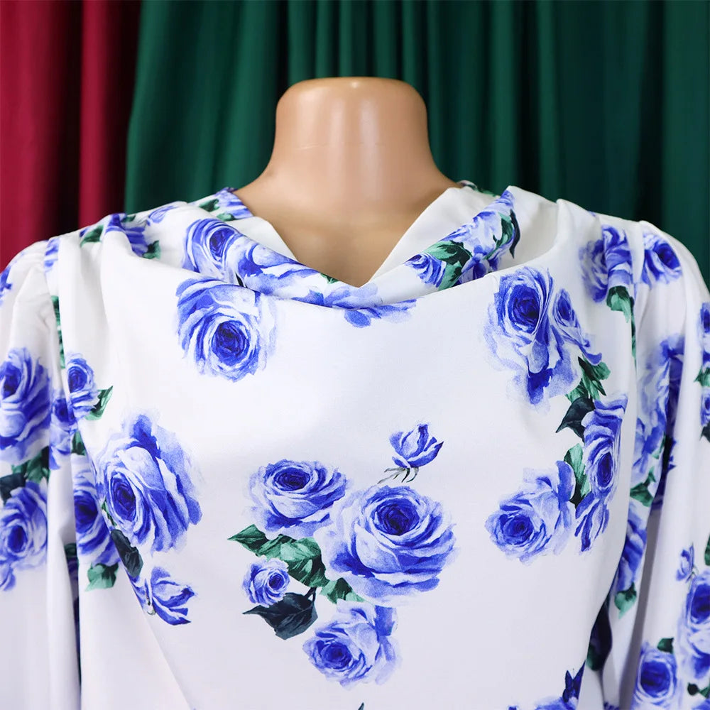 Two Piece Sets Slim Fit Print Floral Round Neck Lantern Sleeve Elegant Splice Wide Leg Long Pants