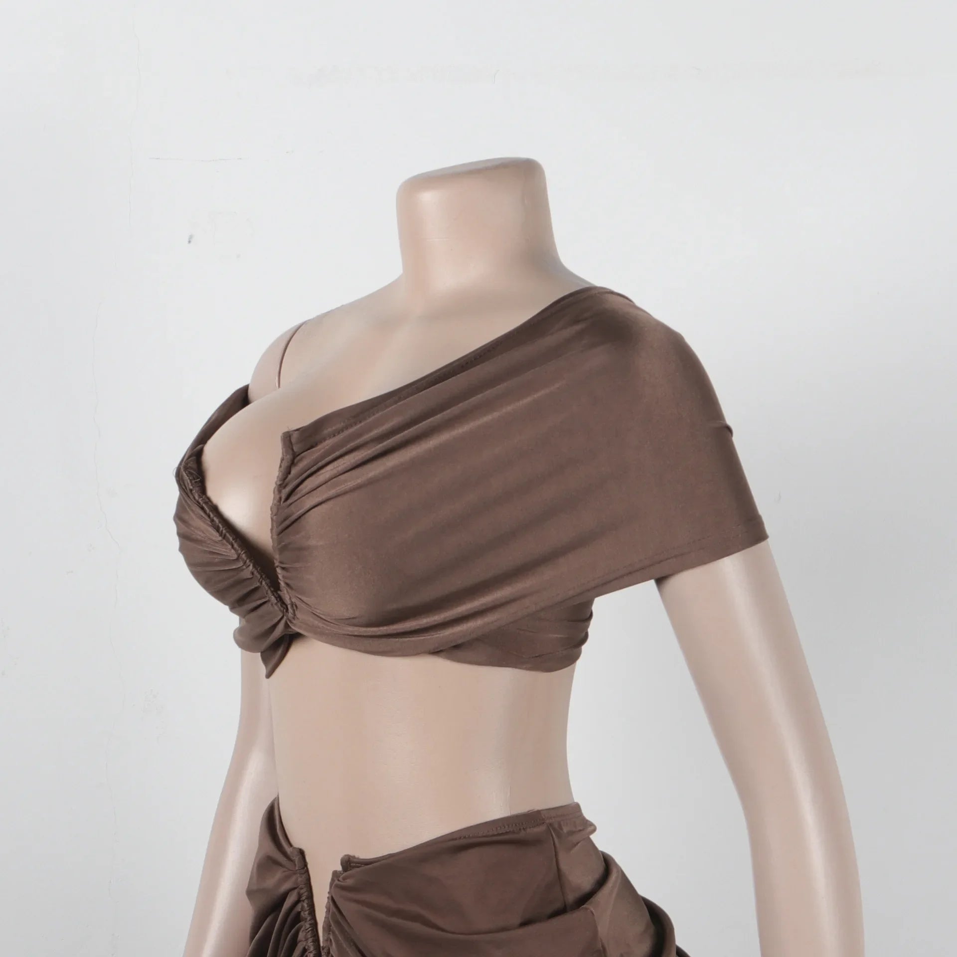 Stacked Ruched Off Shoulder Crop Top and Low Waist Maxi Long Skirts Two Piece Sets