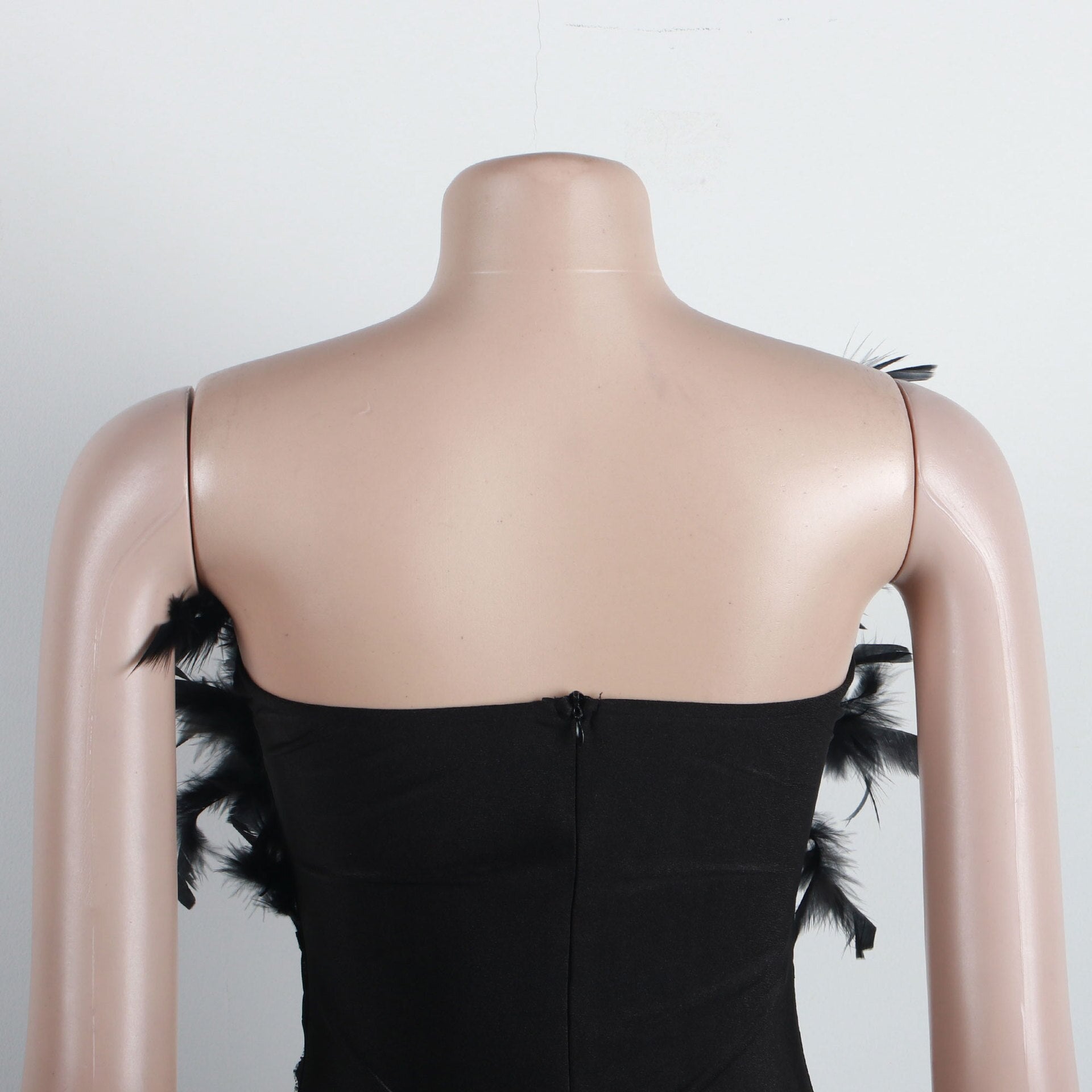 Off The Shoulder Sheer Mesh Rhinestone Feather Dress