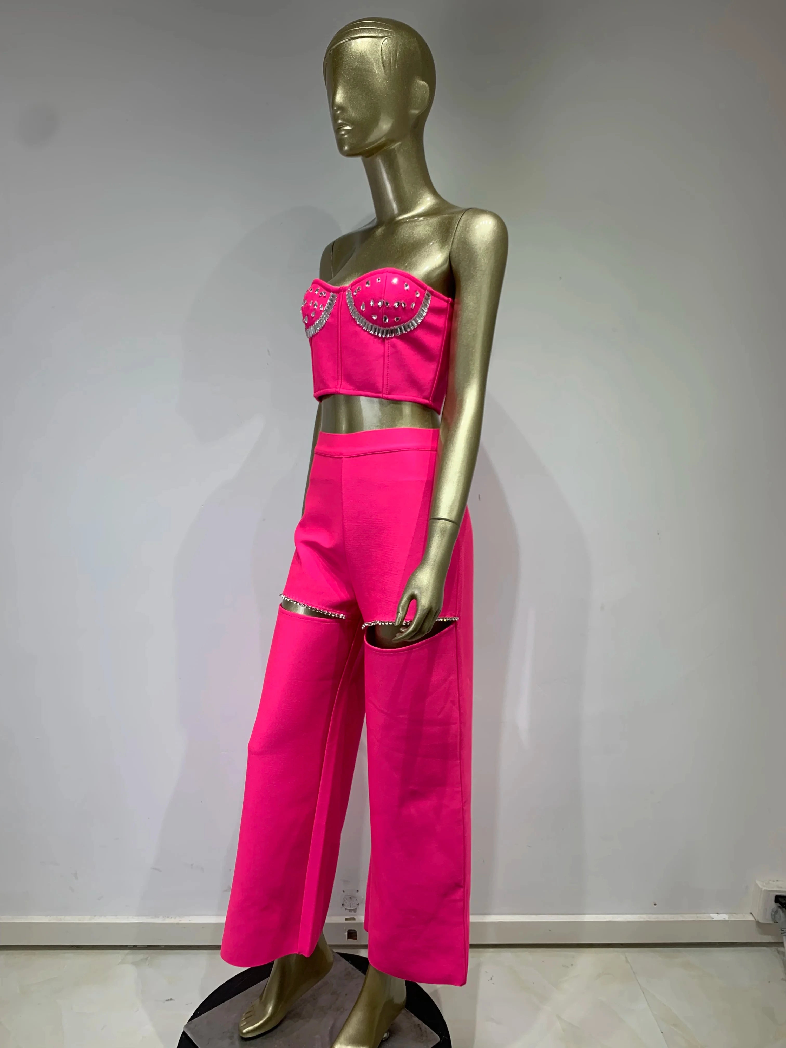 Strapless Backless Cut Out Pink Beading Bandage Pants and Top Set