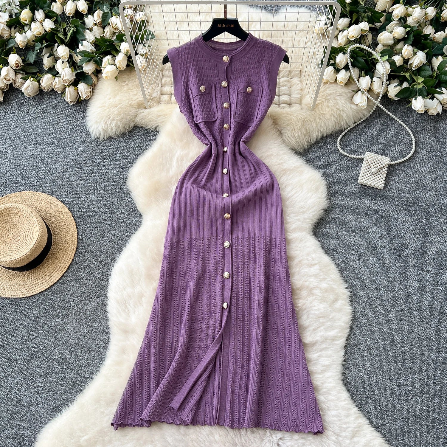Office Lady Dress O Neck Sleeveless Single Breasted Chic Knitted Dress