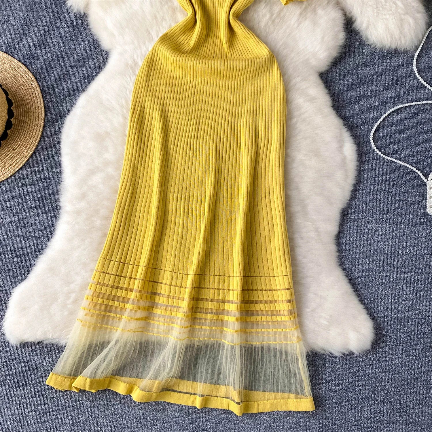 Elegant Stripe Knit Short Sleeves Mesh Patchwork Long Dress