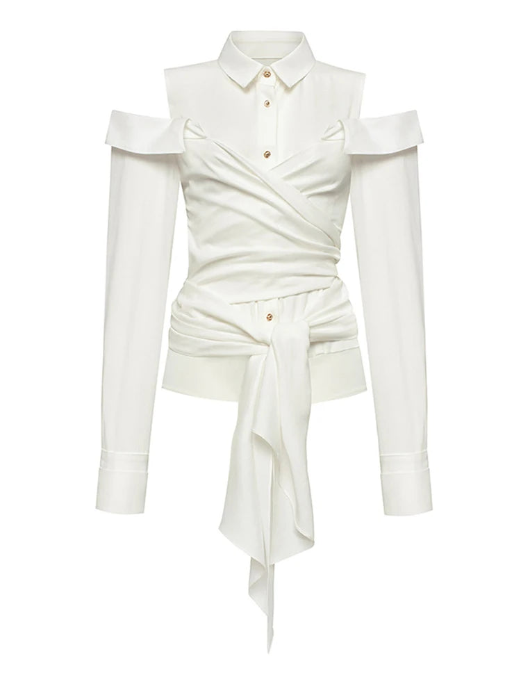 Off Shoulder Bandage Elegant Slim Lapel Long Sleeve Blouse
