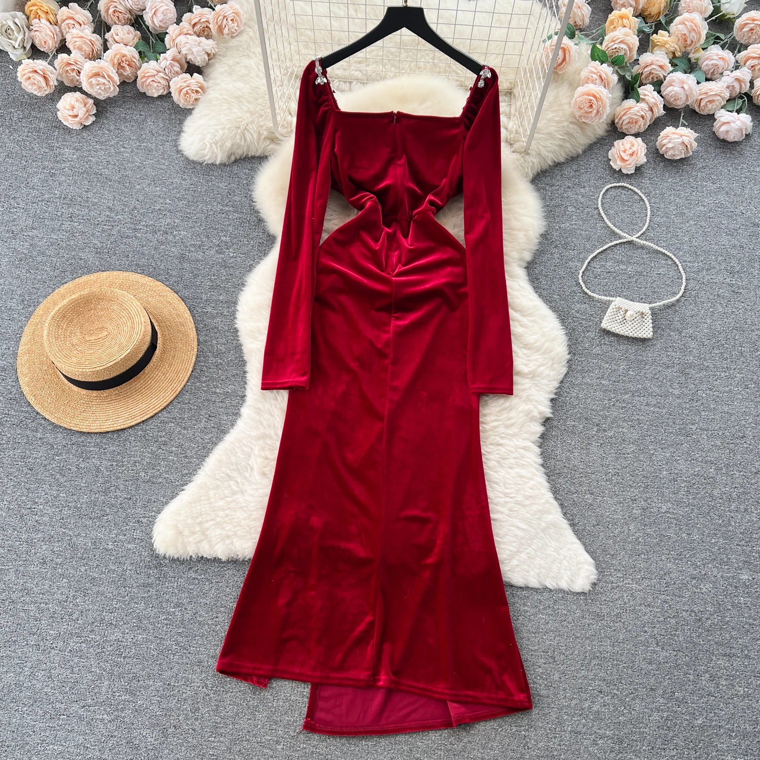 Winter Velvet Split Long Dress