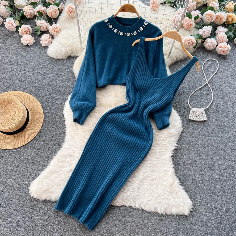 Knitted Sets Long Sleeve Pearl Sweater+Knitted Dress Sweater Suits