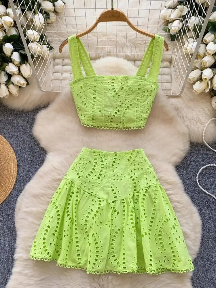 Y2k Elastic Backless Crop Top + High Waist Mini Skirts Hollow Out Two Piece Set
