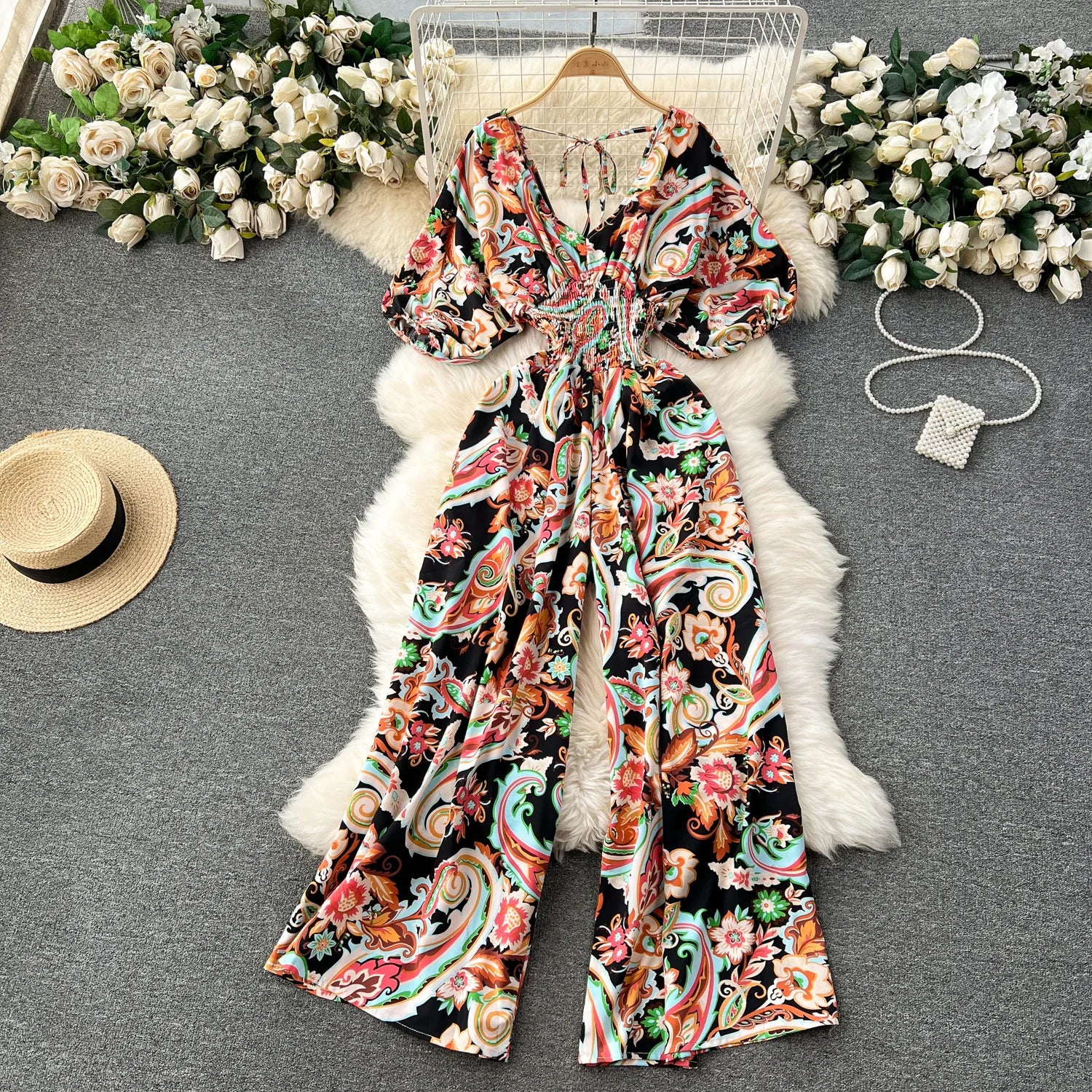 V Neck Dolman Sleeves Floral Print Wide Leg Jumpsuit