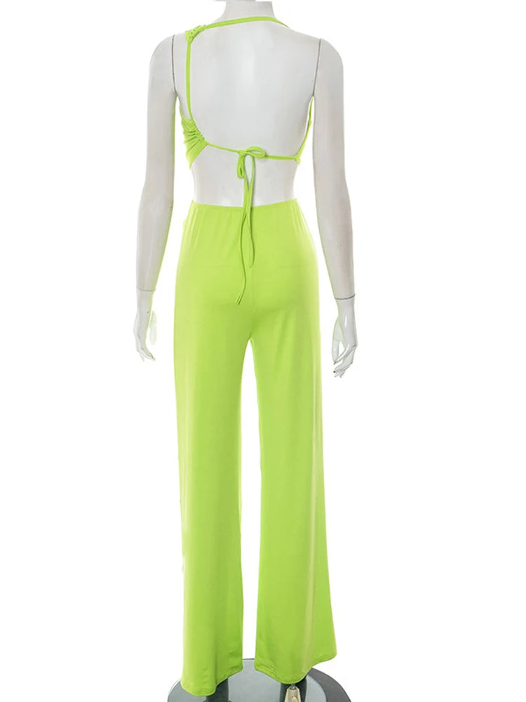 Lace-Back Bandage Wide Legs Jumpsuits Overalls