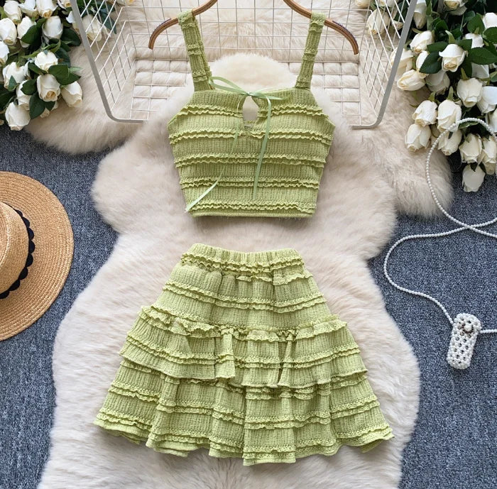 Sleeveless Tank Top and Ruched Mini A-line Skirts Two Piece Set