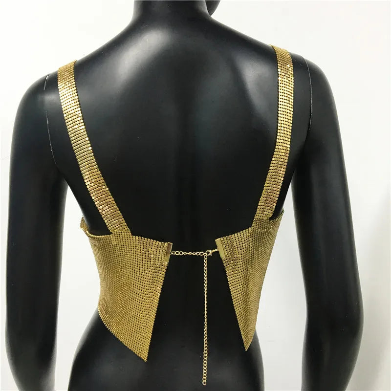 Bling Metallic Sequin Crop Top y2k Backless Straps Cropped Top
