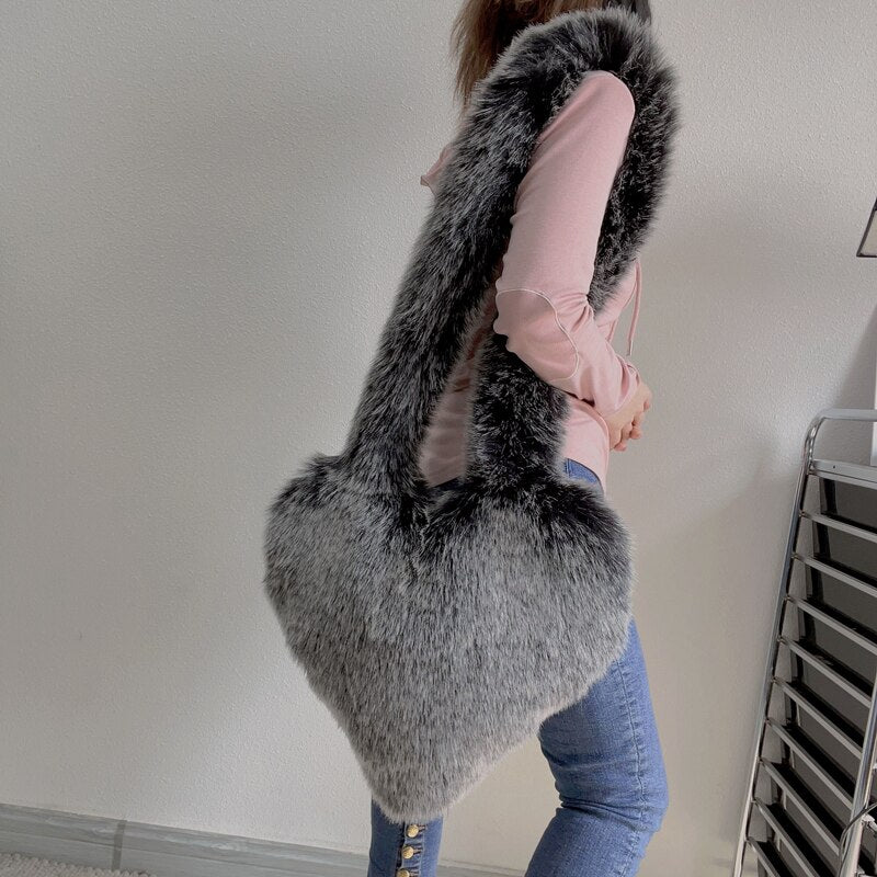 Faux Fur Heart Shape Oversized Tote Bags