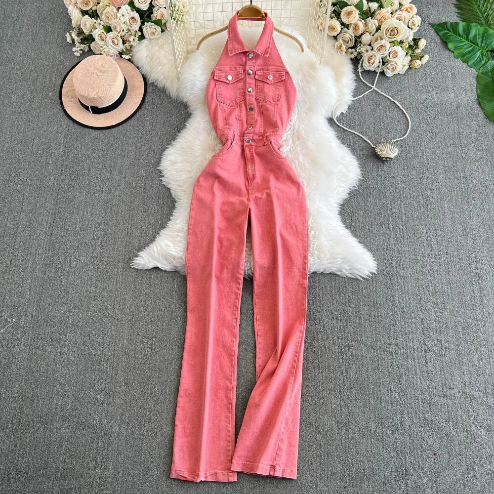 Vintage Turn-down Collar Sleeveless Bodysuit Jumpsuit
