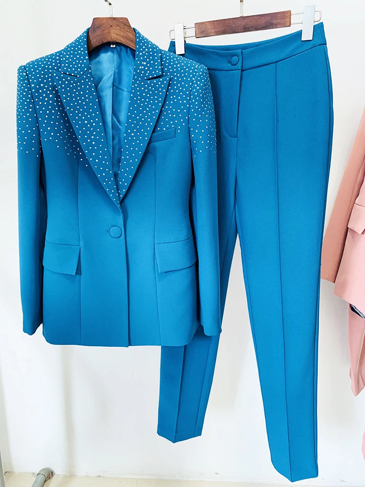 High Street Runway Suit Set Women's Elegant Single Button Diamonds Beaded Blazer Pants Suit