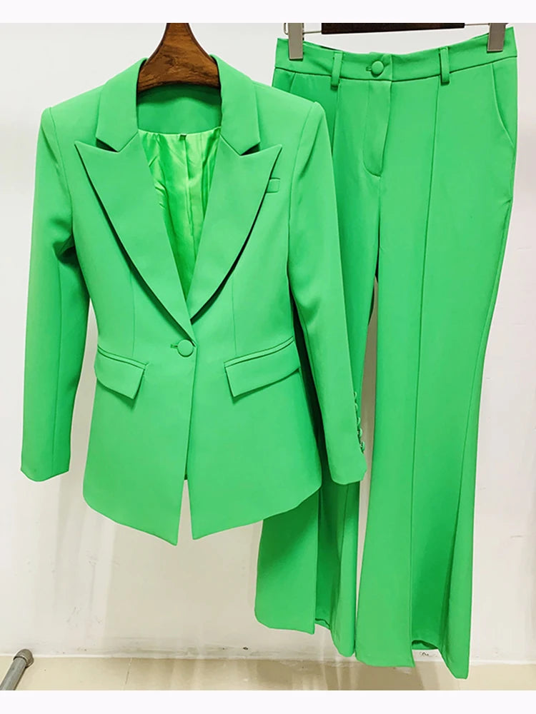 High Street Fashion Runway Suit Set Women's Single Button Color Block Blazer Flare Pants Suit