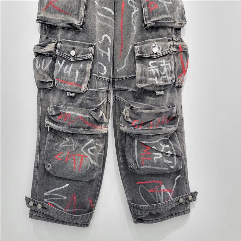 high waist Multiple pockets Graffiti Grey straight wide leg cargo denim