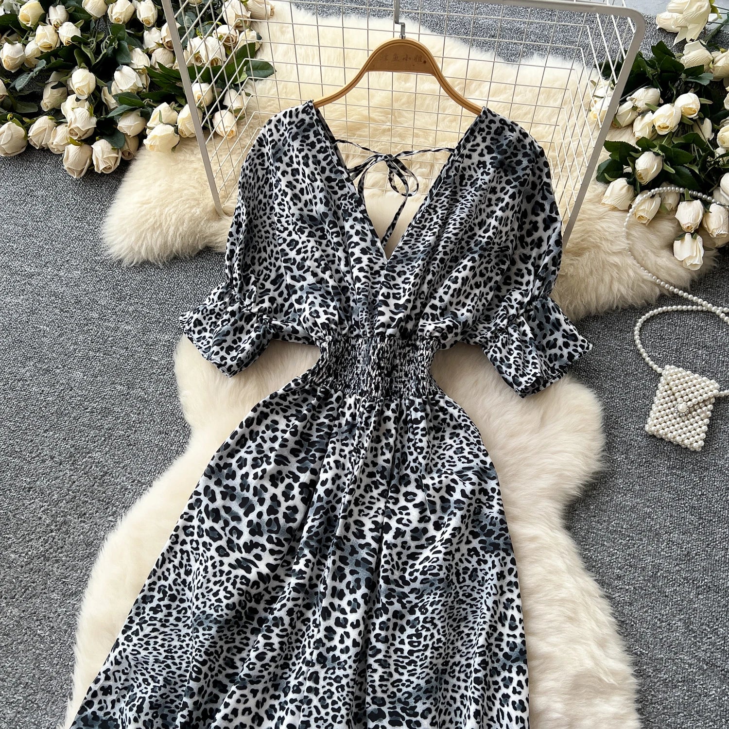 Flared Sleeves Elastic Waist Slim Fit Leopard Print Long Rompers Jumpsuit