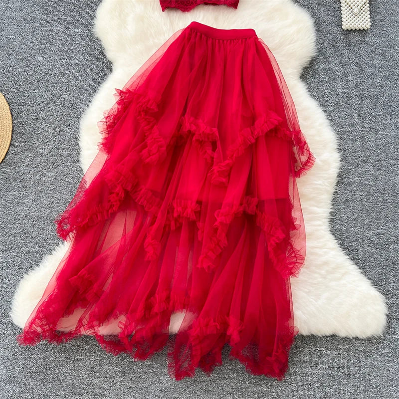 Vintage Sleeveless Lace Crop Top with A-Line Mini Skirt