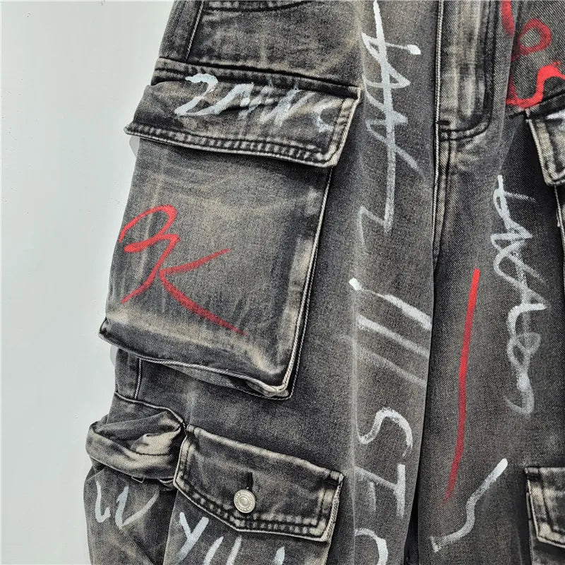 high waist Multiple pockets Graffiti Grey straight wide leg cargo denim