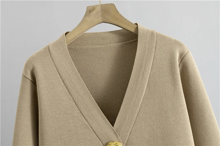 Elegant Knitted 2 Piece Sets Sweater Cardigan Tops And High Waist Wide Leg Pants Outfit