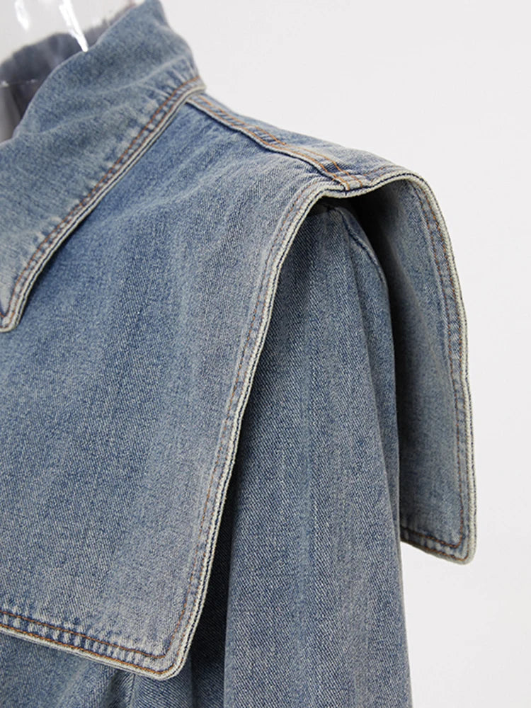 Blue Denim Big Size Long Trench Lapel Long Sleeve Loose Fit Windbreaker