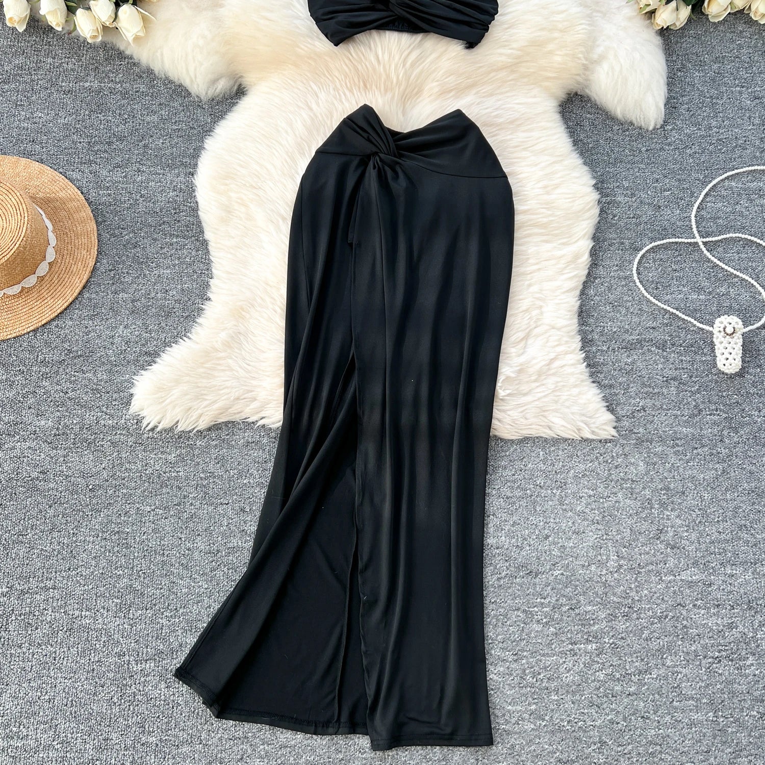 Criss-Cross Strapless Mini Tops+High Waist Split Bodycon Skirt Two Piece Set