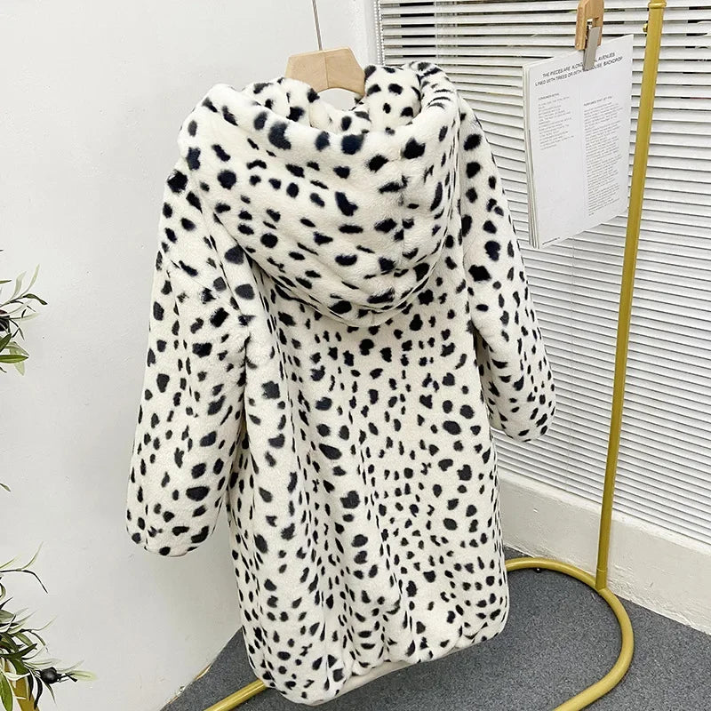 Leopard Faux Fur Long Coat  Sporty Hooded Fake Rabbit Fur Plush Eco-coats