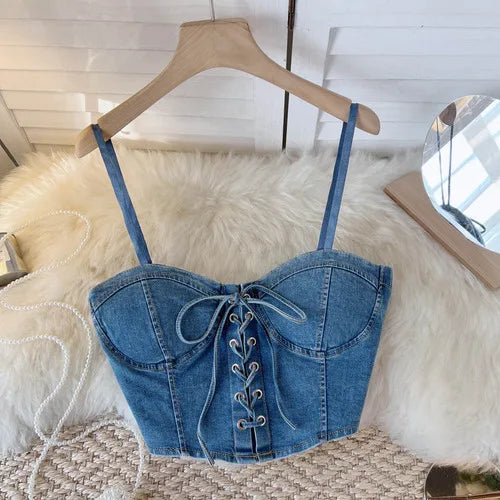 Spaghetti Strap Denim Drawstring Tanks Camis