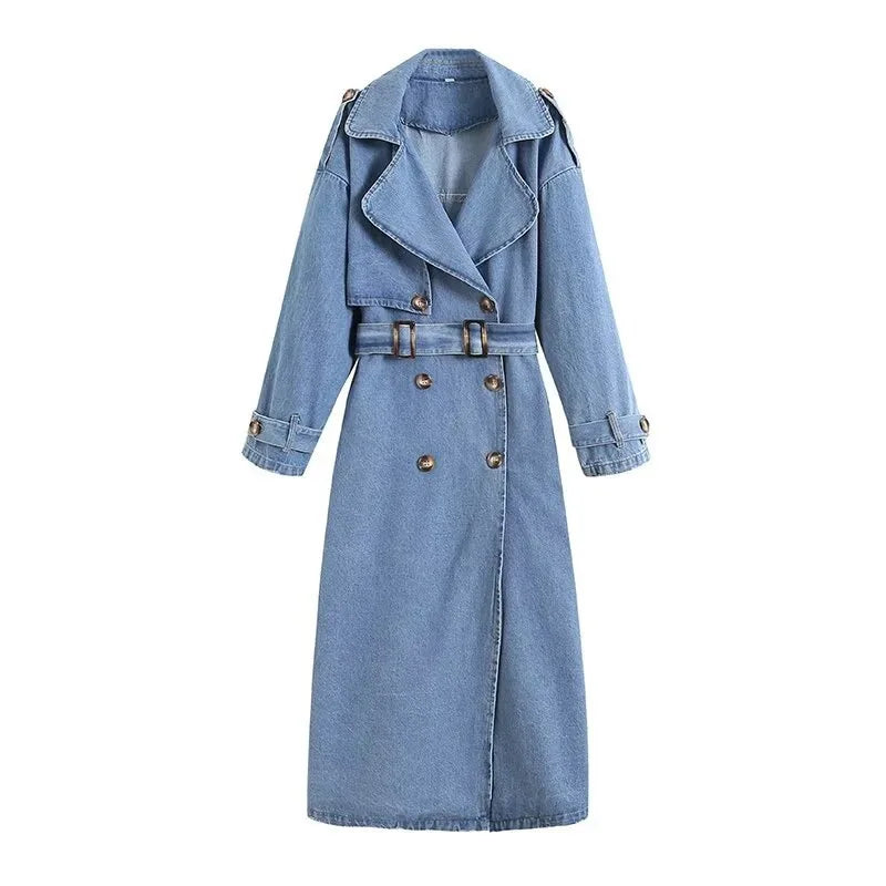 Loose Double-Breasted Belted Denim Trench Coat
