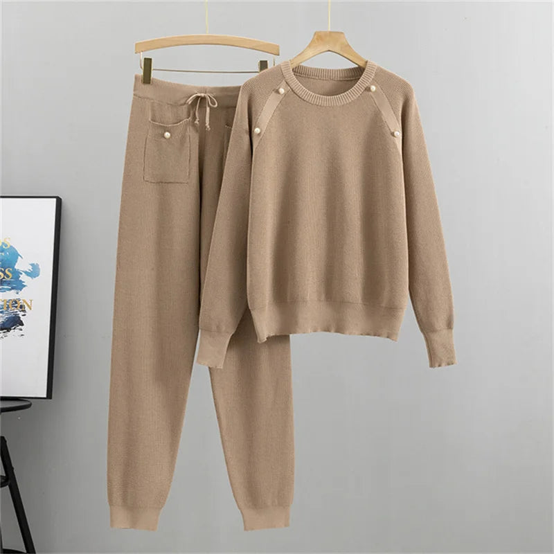 O-neck Sweater Pullover 2 Piece Sets Knitwear Jumper Sweatpants Suit