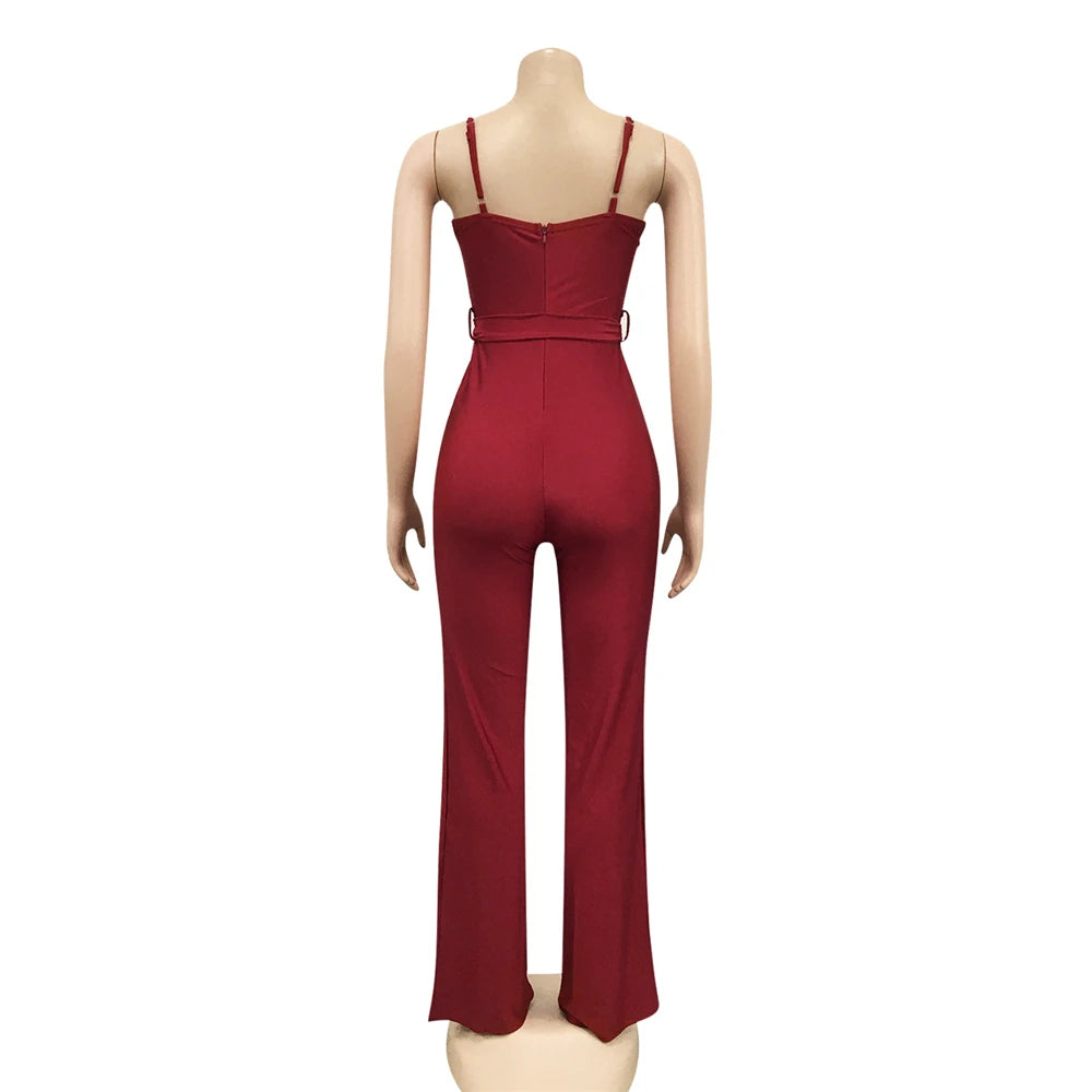 High Waist Wide Leg Pants One Piece Sleeveless Jumpsuit with Belt