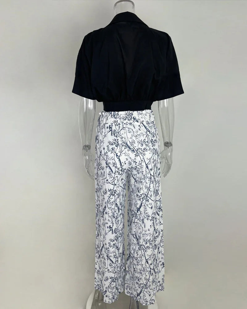 V-neck Short Sleeve Shirt And Blouses Crop Top Straight Print Wide Leg Long Pant Suits