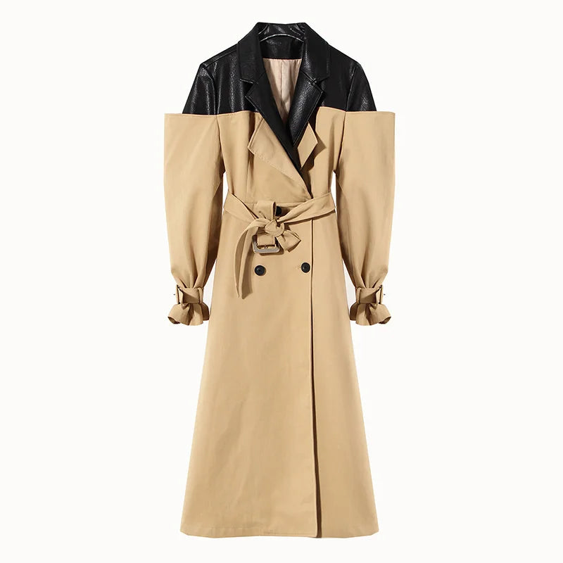 Autumn And Winter Temperament Leather Contrast Color Windbreaker Coat
