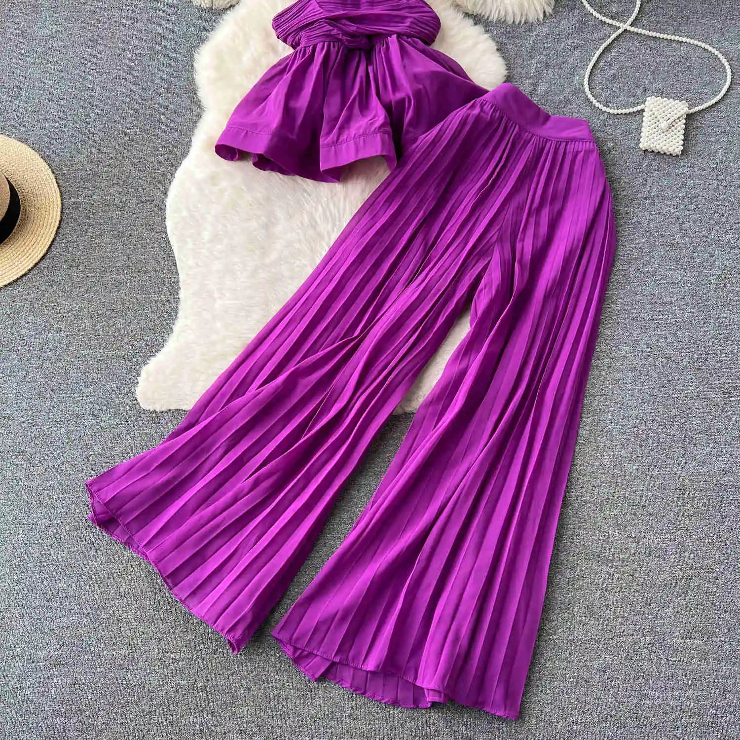 High End Elegant Pleated Sleeveless Chiffon Top+High Waist Wide Leg Pants Two Piece Set