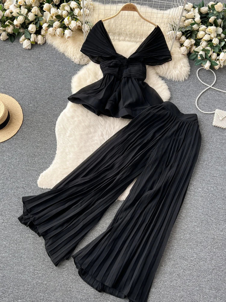 High End Elegant Pleated Sleeveless Chiffon Top+High Waist Wide Leg Pants Two Piece Set