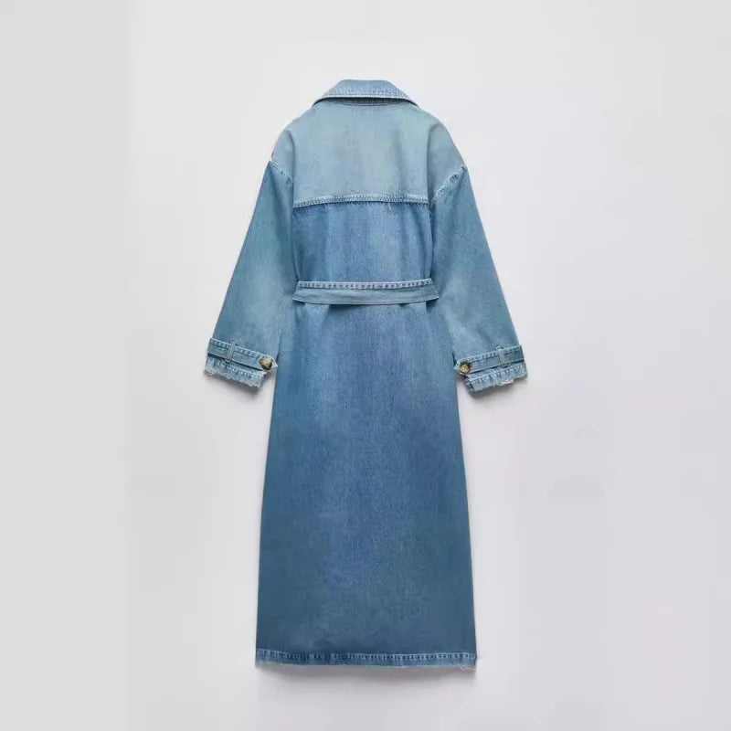 Loose Double-Breasted Belted Denim Trench Coat