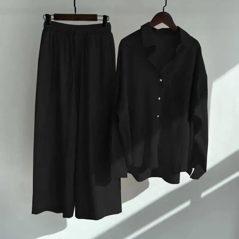 Two Piece Casual Long Sleeve Suit  Casual Female Wide Leg Pants 2 Piece Sets