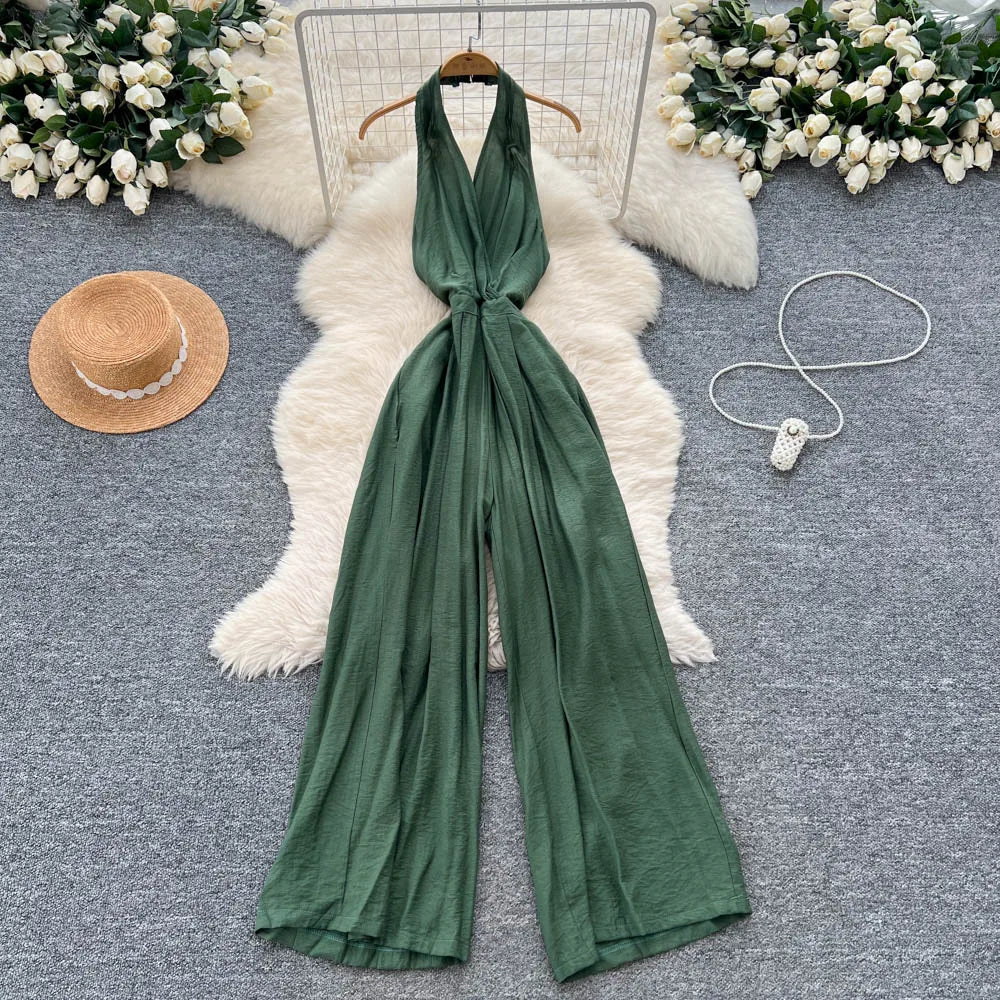 Backless Halter Lace Up Draped Chic Jumpsuit