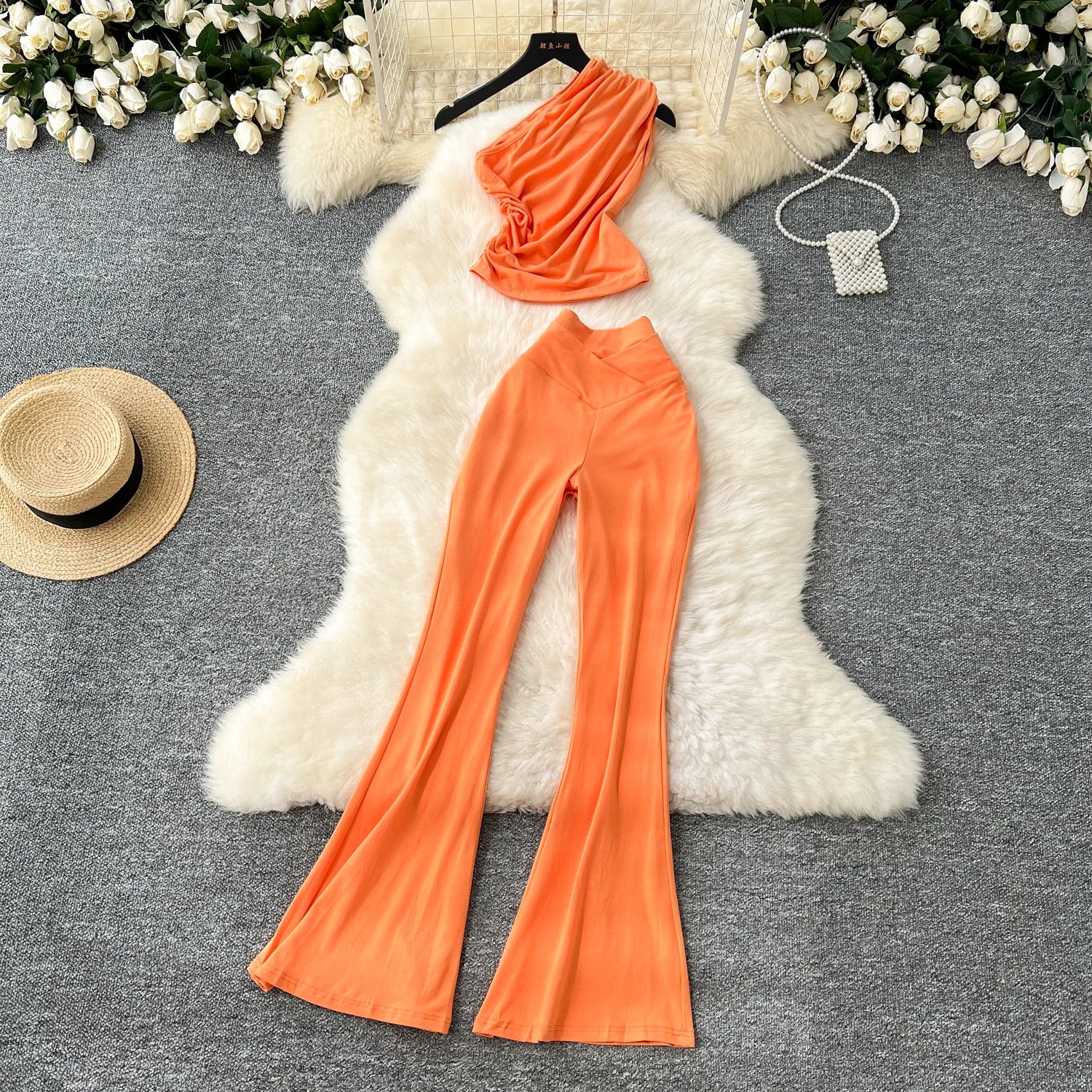 Chic Vintage Diagonal Collar Sleeveless Pleated Top and High Waist Flare Pants Two Piece Set