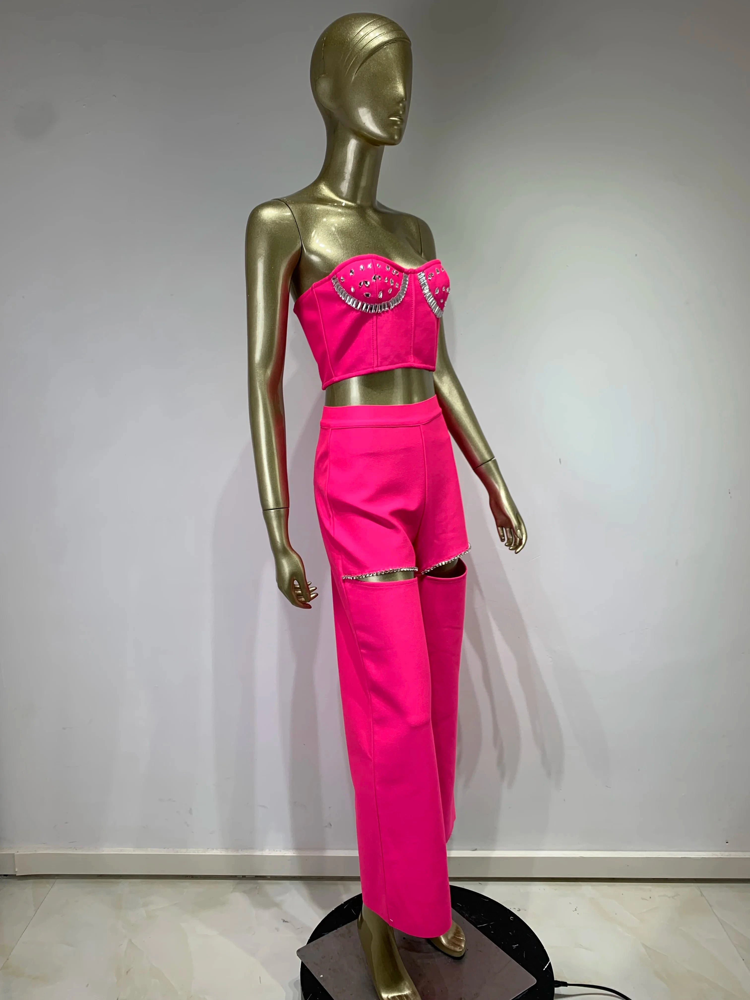 Strapless Backless Cut Out Pink Beading Bandage Pants and Top Set