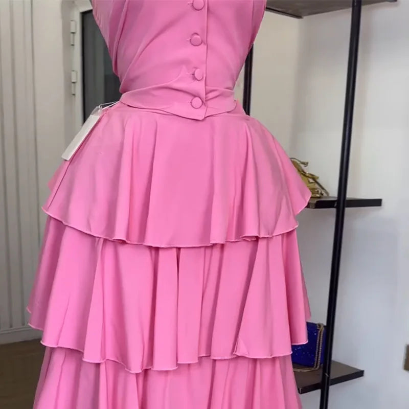 Sleeveless Vest Tops and Pleated Tiered Skirts Two Piece Set