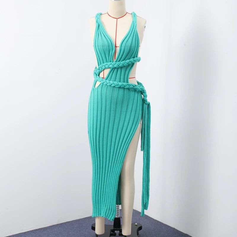Knit High Slit Backless Long Dress