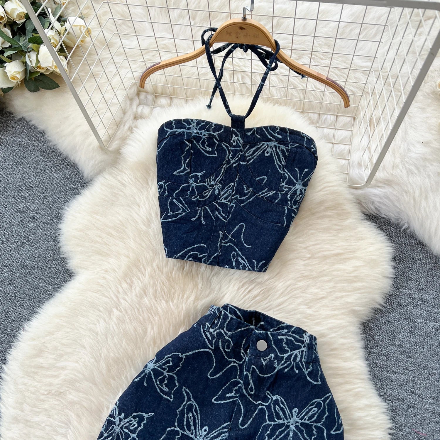 Butterfly Print Denim Two Pieces Sets Halter Strapless Slim Camis+Wide Legs Long Pant Suits