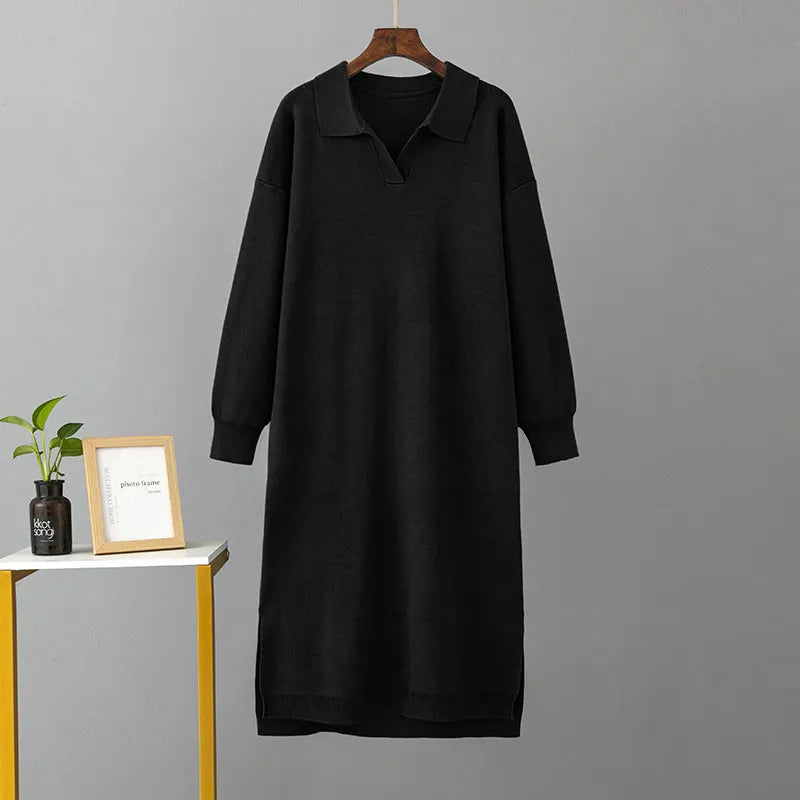 Winter Warm Thick Knit Loose Sweater Split Dress Autumn Korean Lady Polo Neck Casual Oversized Soft Dresses