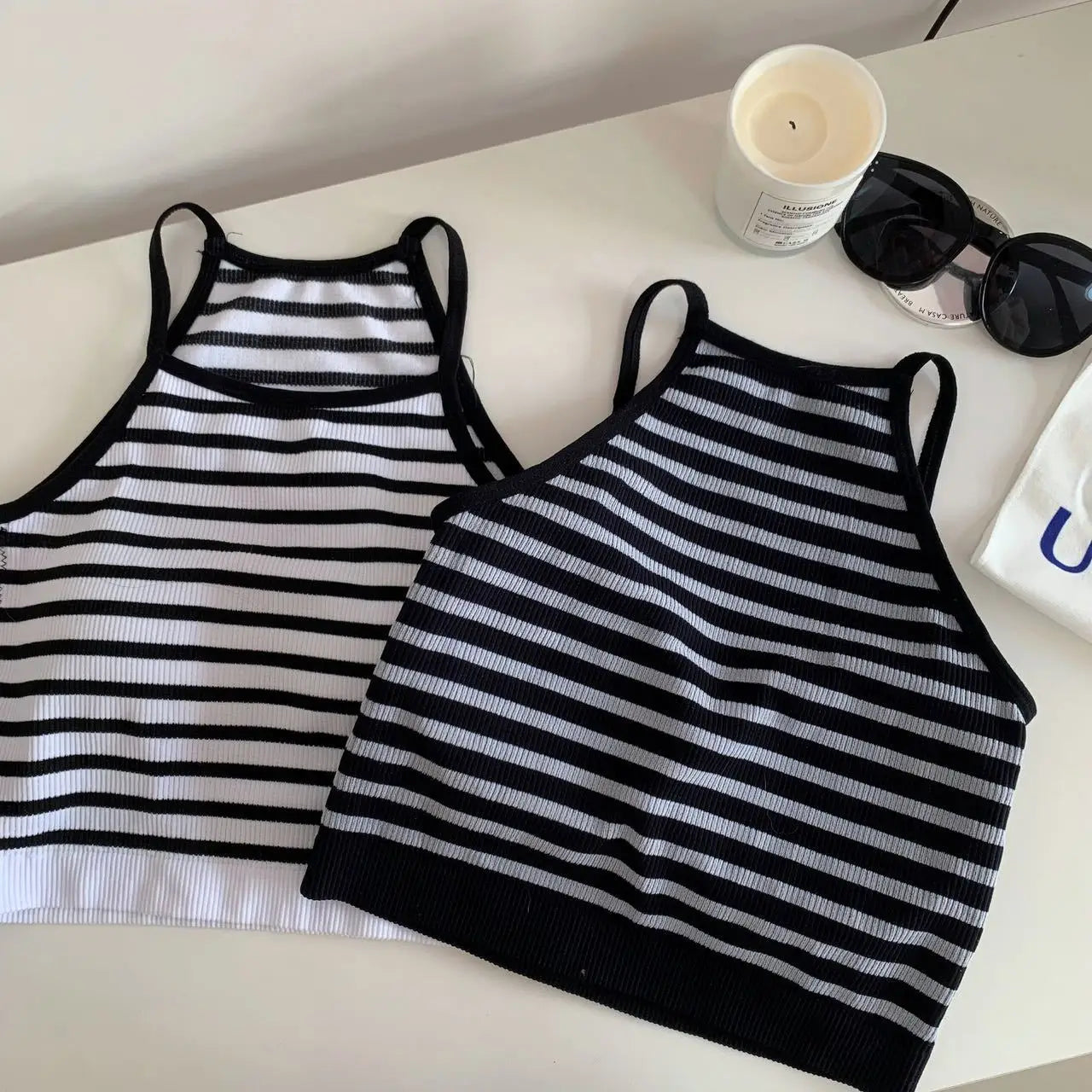 Tank Tops Thread Solid Casual Crop Top with Chest Pad Stripe Sleeveless Outer Wear Basic Camisole